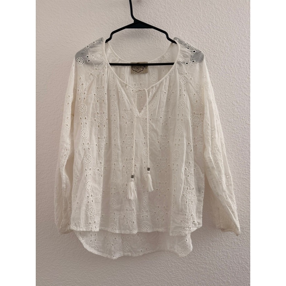 Deja Vu White Eyelet Lace Blouse Long Sleeve Tassel Tie Boho Top Medium